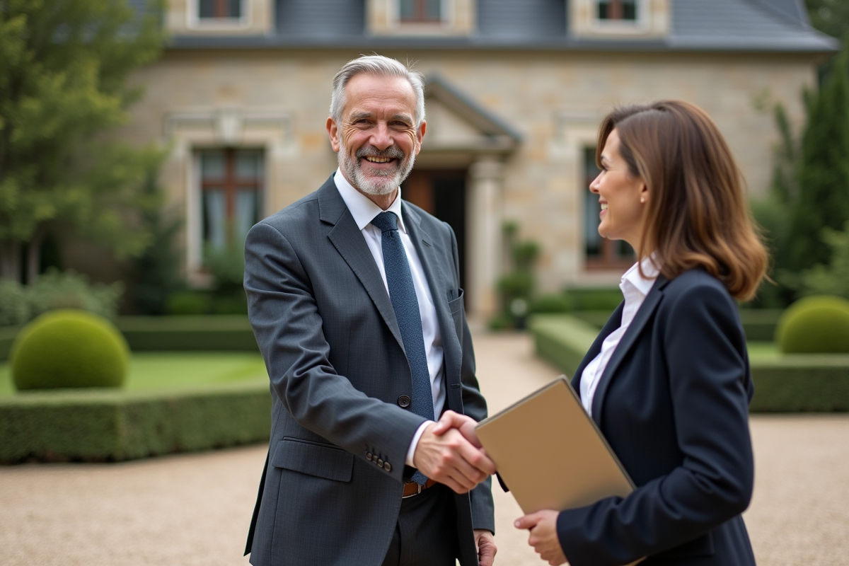 Agent immobilier souriant devant maison de campagne