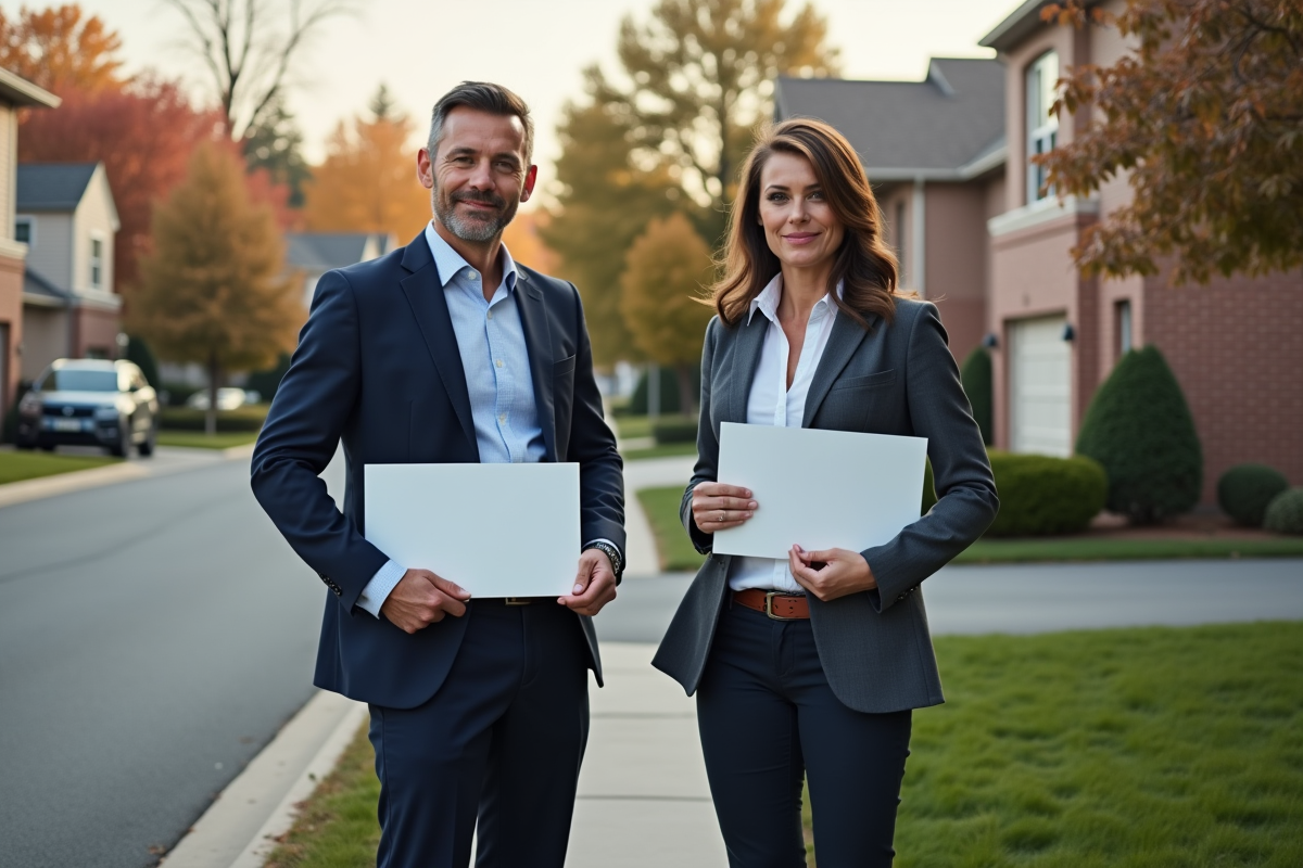 Deux agents immobiliers devant une maison de banlieue