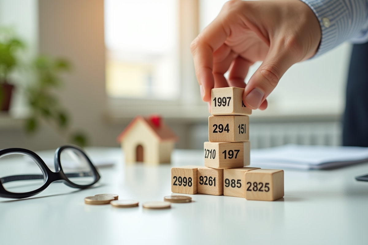 Main empilant cubes avec maisons et pièces de monnaie