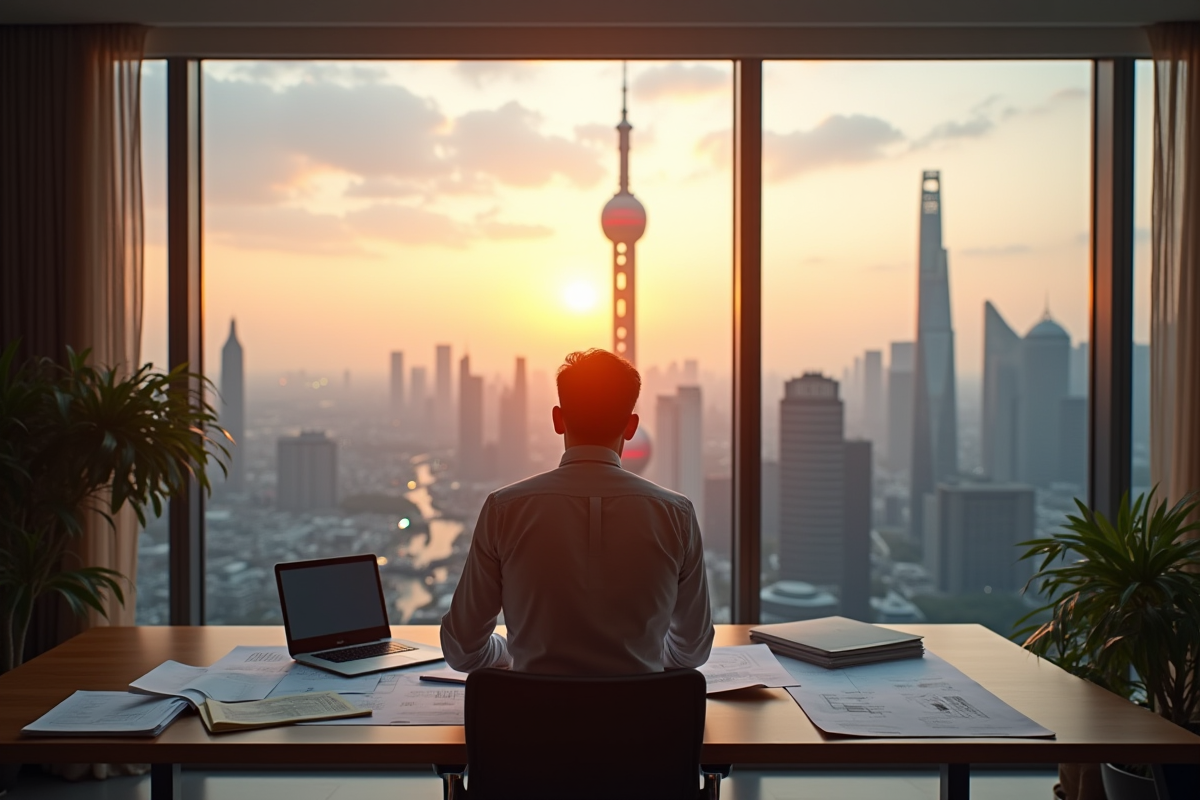 Architecte dans un bureau avec vue sur la tour Shanghai