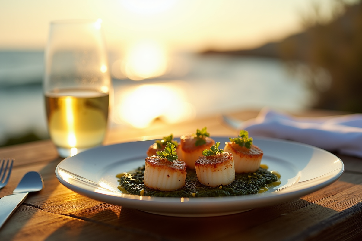 Assiette de coquilles Saint-Jacques cuites avec algues et vin blanc