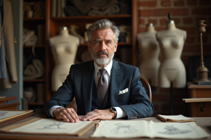 Portrait d'un homme élégant en costume couture dans un atelier créatif