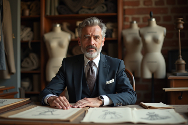 Portrait d'un homme élégant en costume couture dans un atelier créatif