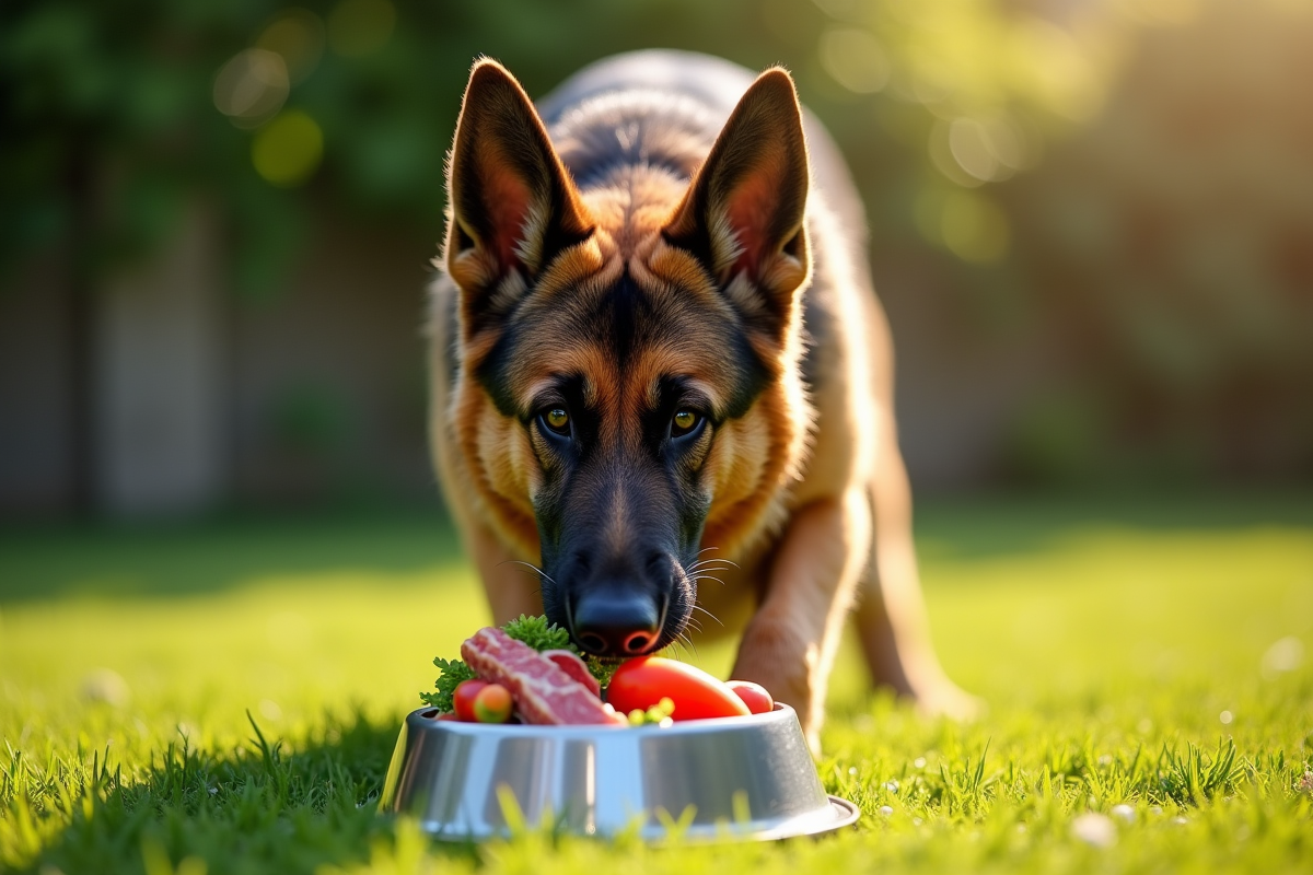 Berger allemand mangeant dans un jardin vert en plein air