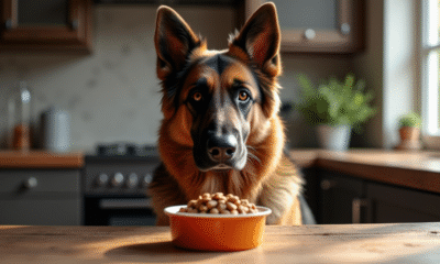 Chien berger allemand assis près d'une table en bois
