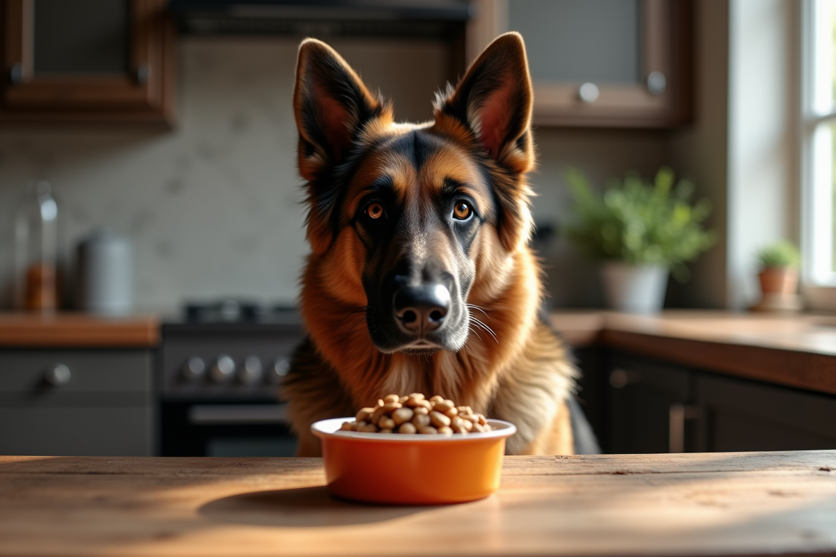Chien berger allemand assis près d'une table en bois