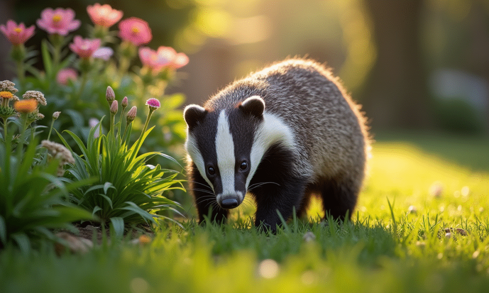 Blaireau européen cherchant de la nourriture dans un jardin verdoyant