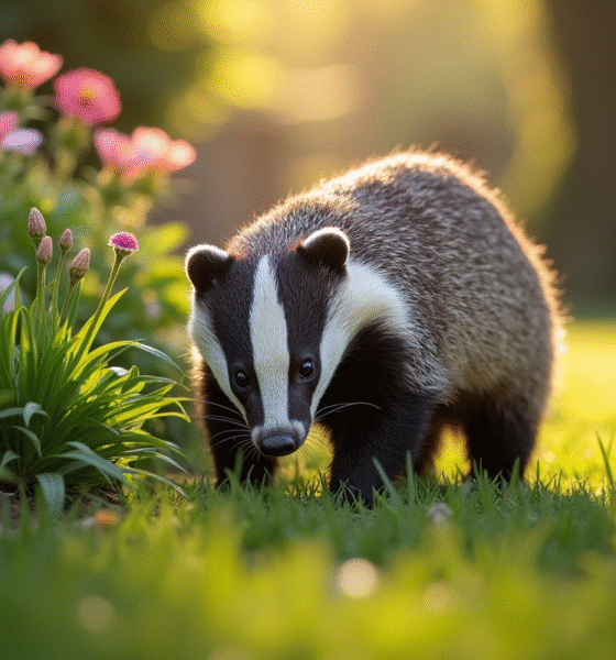 Blaireau européen cherchant de la nourriture dans un jardin verdoyant