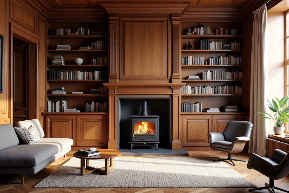 Bureau traditionnel avec poele à bois et étagères élégantes