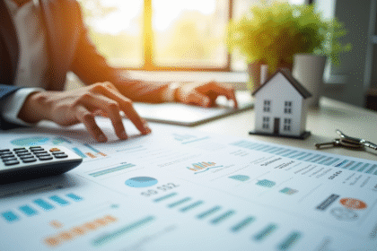Bureau moderne avec documents fiscaux et maison miniature