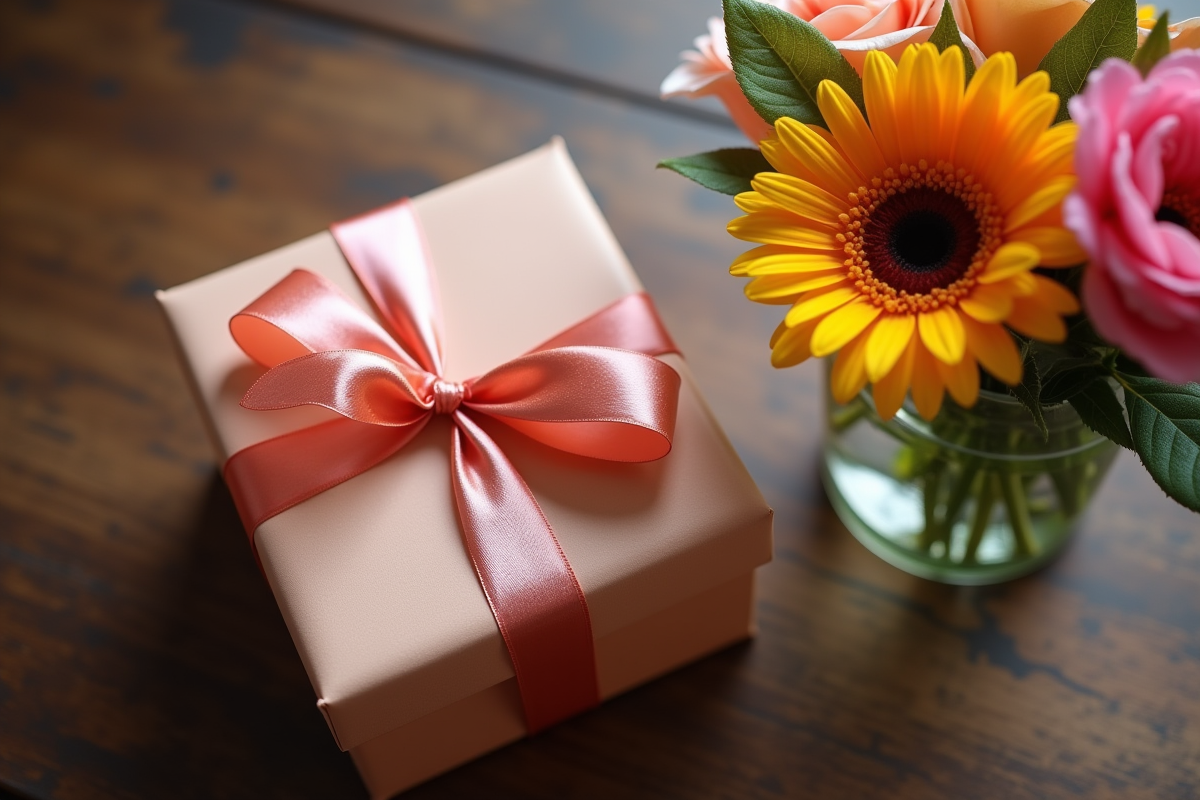 Coffret cadeau avec ruban en soie et fleurs fraîches sur une table