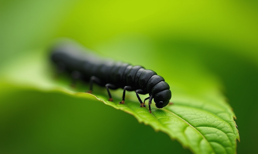 Gros plan d'une chenille noire sur une feuille verte au matin