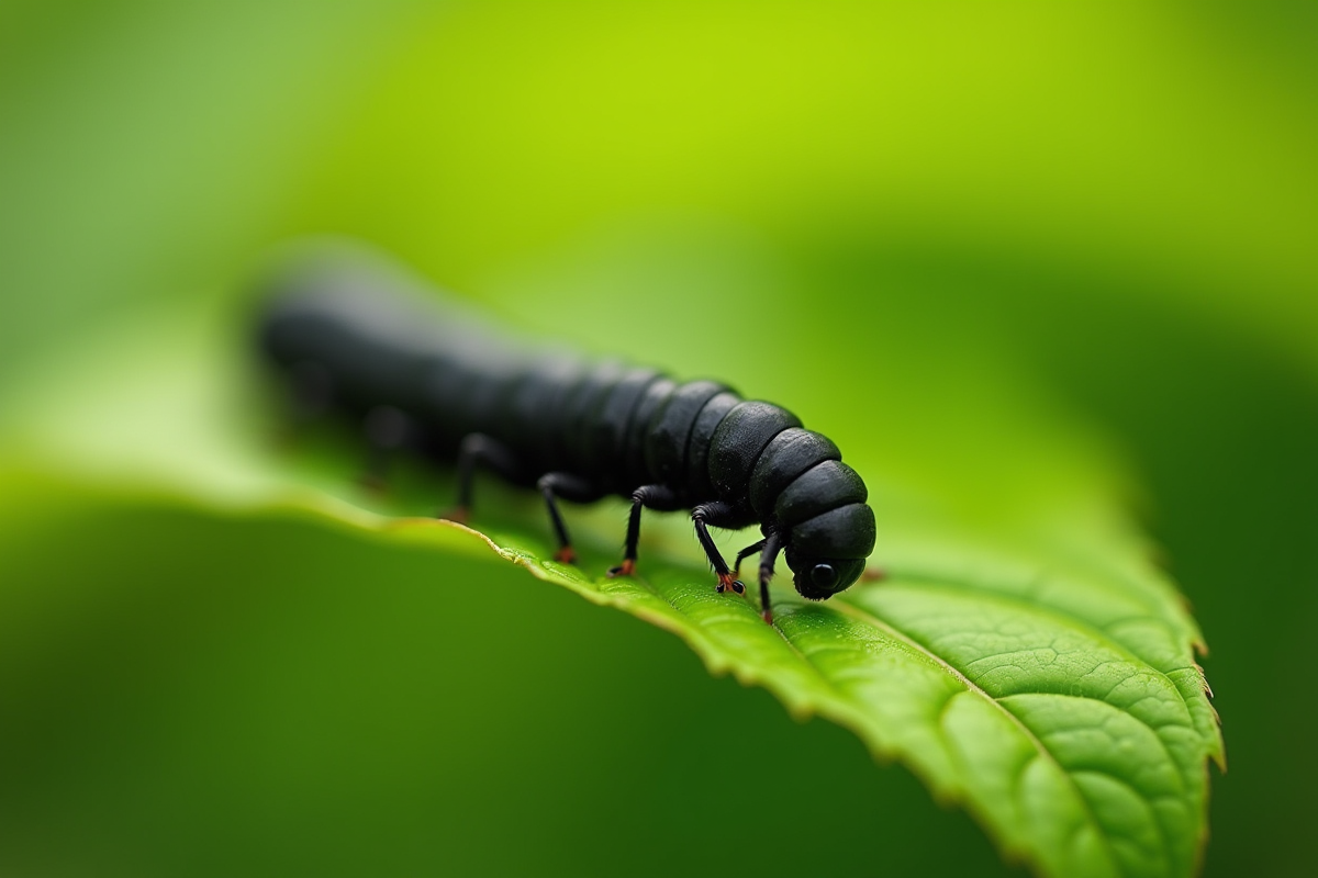 Gros plan d'une chenille noire sur une feuille verte au matin