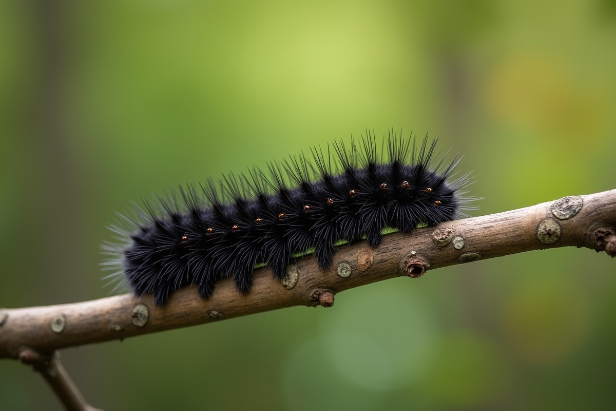 Chenille noire reposant sur une branche en plein jour