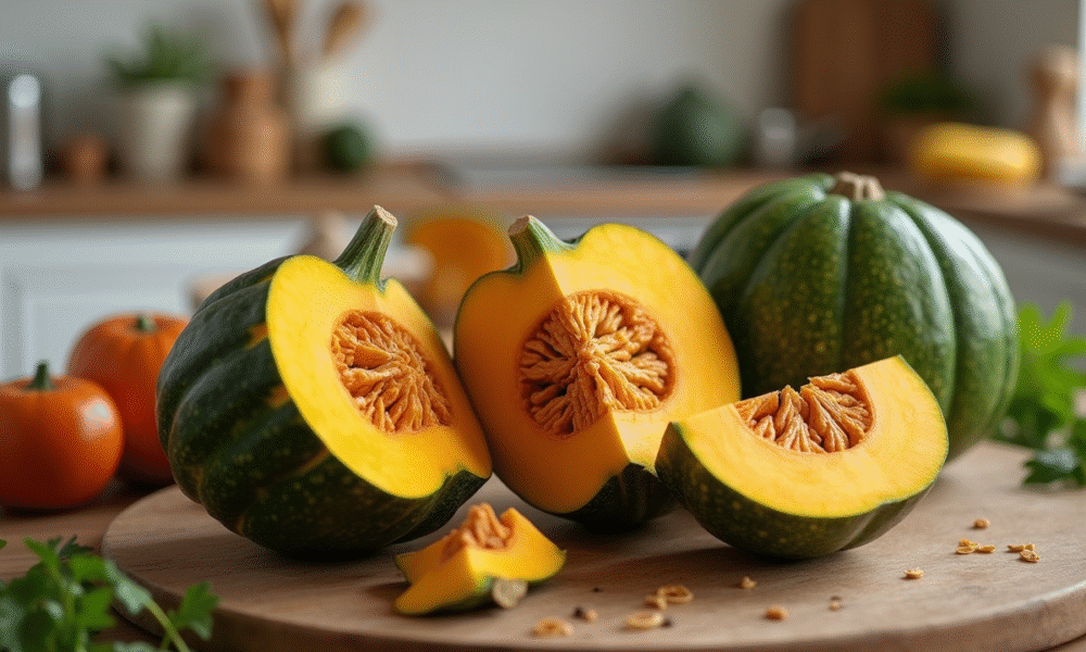 Citrouille verte fraîche coupée sur planche en cuisine lumineuse