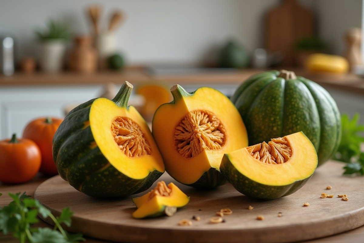 Citrouille verte fraîche coupée sur planche en cuisine lumineuse