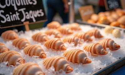 Coquilles Saint-Jacques fraîches sur glace au marché