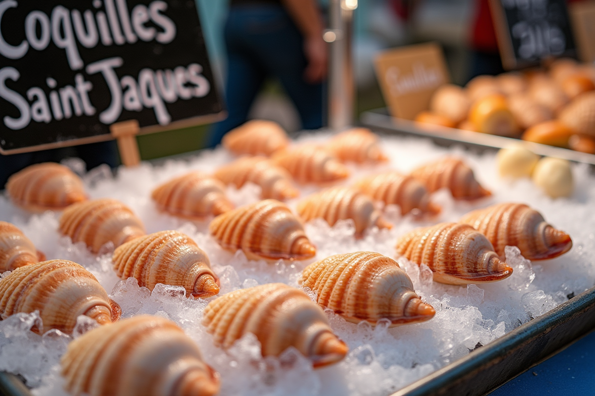 Coquilles Saint-Jacques fraîches sur glace au marché