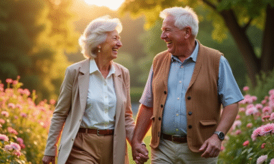 Couple agee main dans la main dans un jardin en fleurs