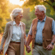 Couple agee main dans la main dans un jardin en fleurs