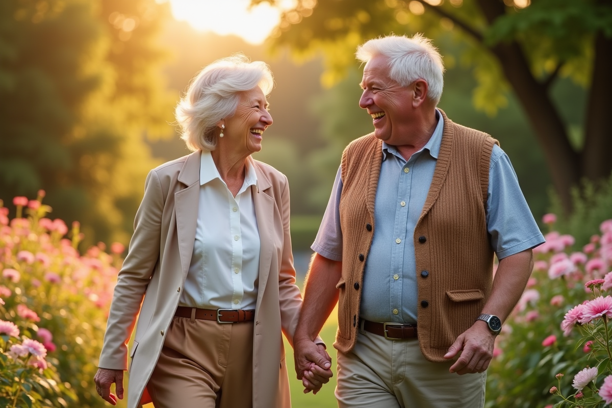 Couple agee main dans la main dans un jardin en fleurs