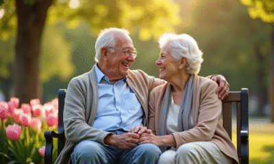 Couple âgé souriant sur un banc de parc entouré de fleurs