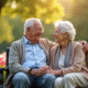 Couple âgé souriant sur un banc de parc entouré de fleurs