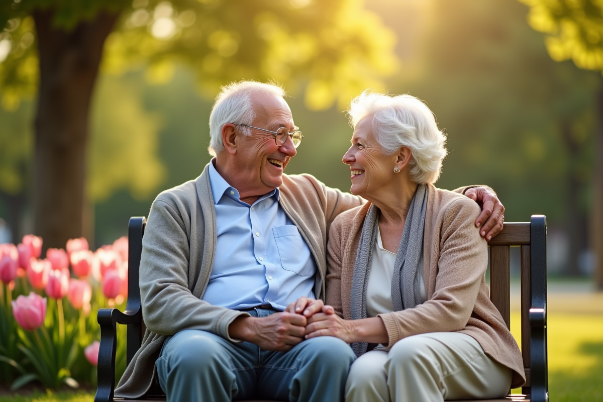 Couple âgé souriant sur un banc de parc entouré de fleurs
