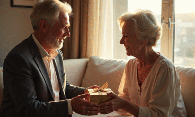 Couple mature échangeant des cadeaux dans un salon lumineux