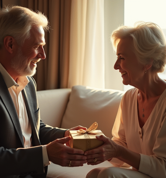Couple mature échangeant des cadeaux dans un salon lumineux