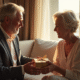 Couple mature échangeant des cadeaux dans un salon lumineux