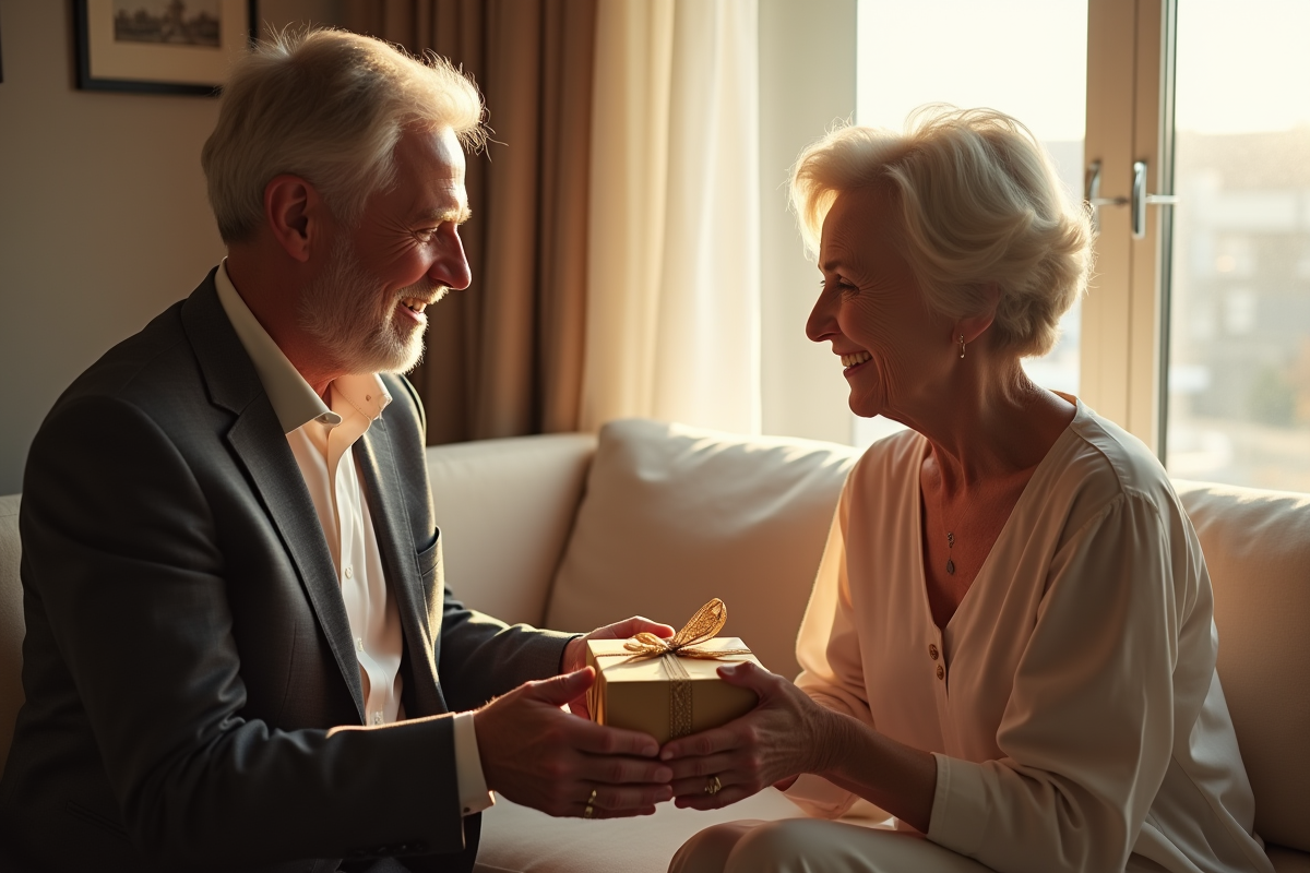 Couple mature échangeant des cadeaux dans un salon lumineux