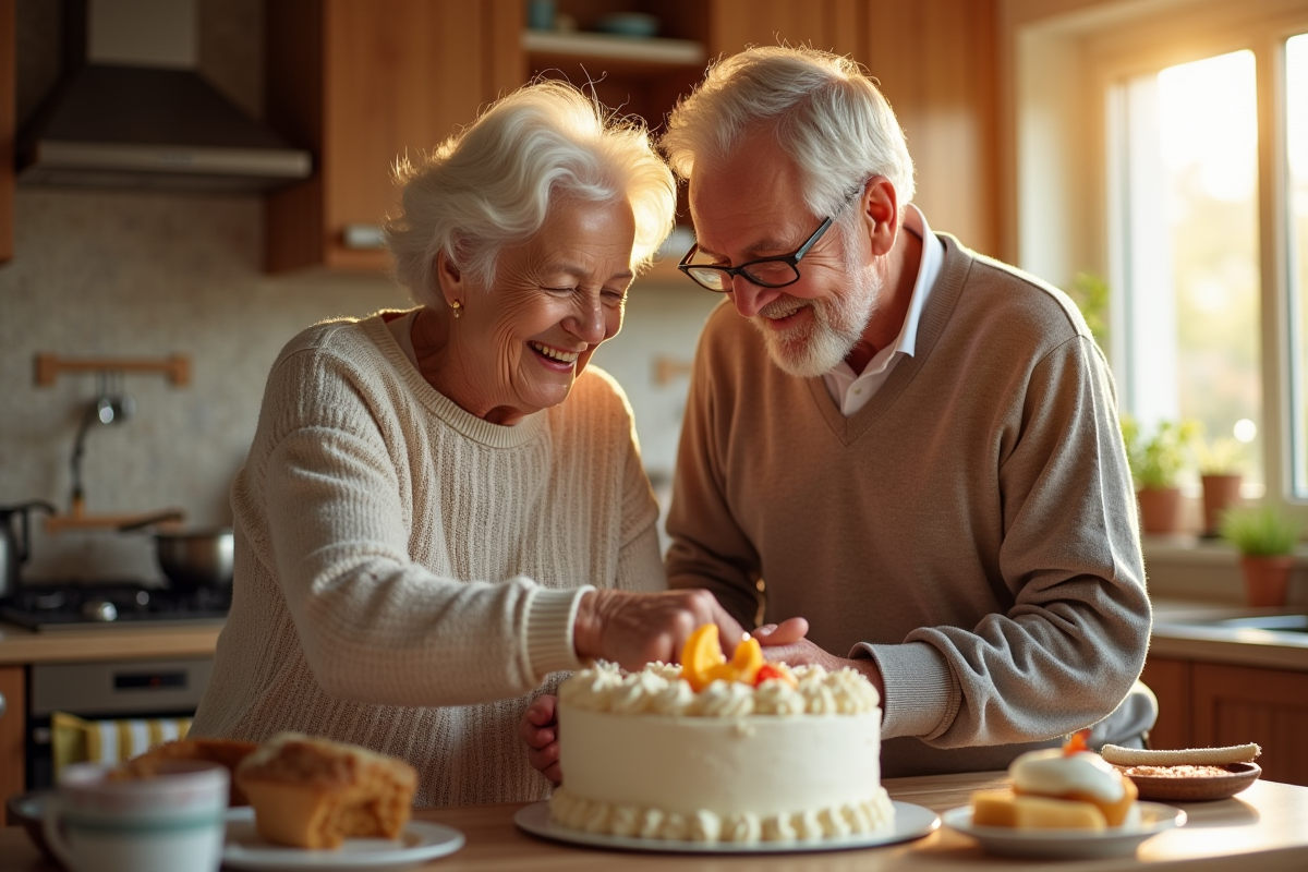 Vieux couple préparant un gâteau d anniversaire dans la cuisine