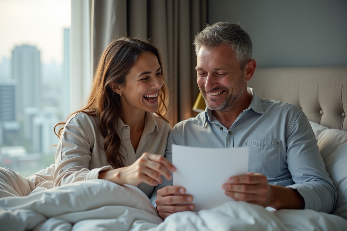 Couple riant en partageant une note sur un oreiller dans la chambre