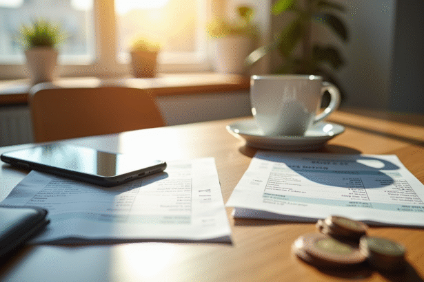 Table de cuisine moderne avec factures et smartphone