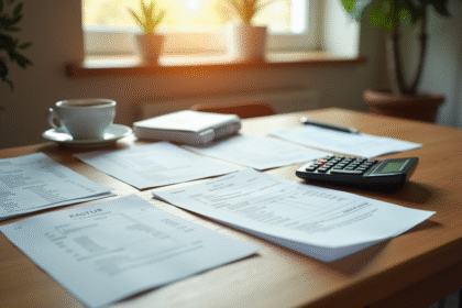 Table de cuisine moderne avec factures et calculatrice