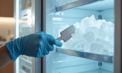 Personne en gants cuisine retire glace du congélateur