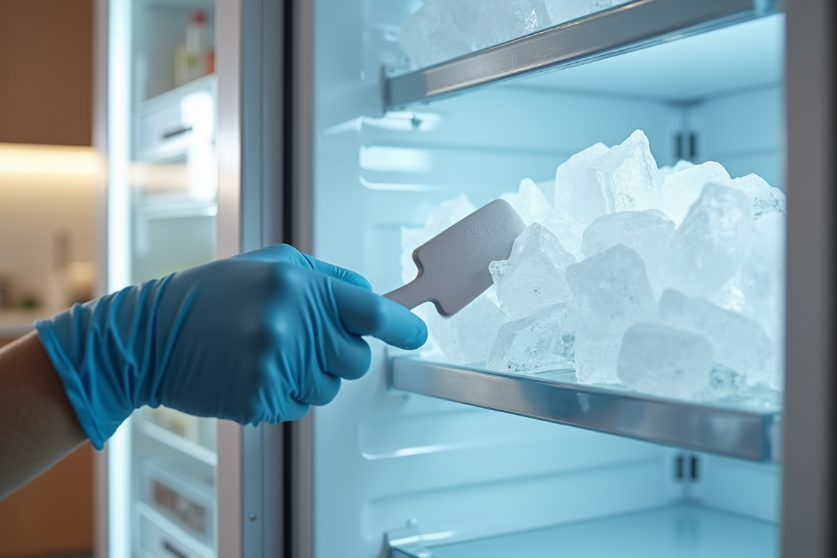 Personne en gants cuisine retire glace du congélateur