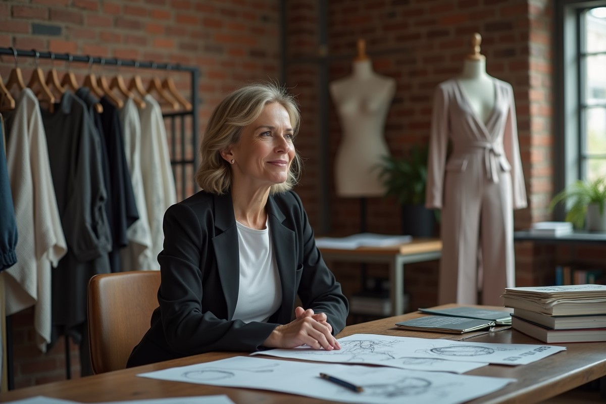 Créatrice de mode dans son studio avec tissus et croquis