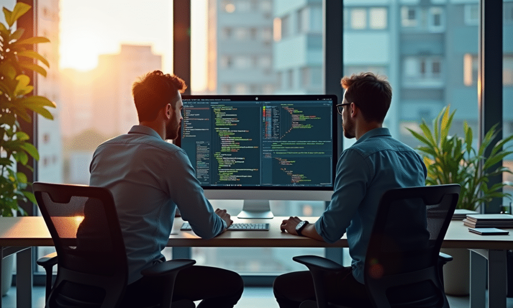 Deux développeurs discutant code devant un grand écran lumineux