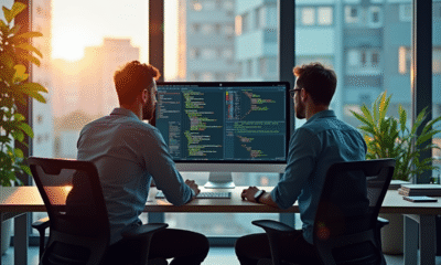 Deux développeurs discutant code devant un grand écran lumineux