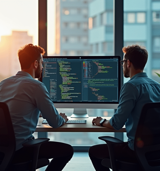 Deux développeurs discutant code devant un grand écran lumineux