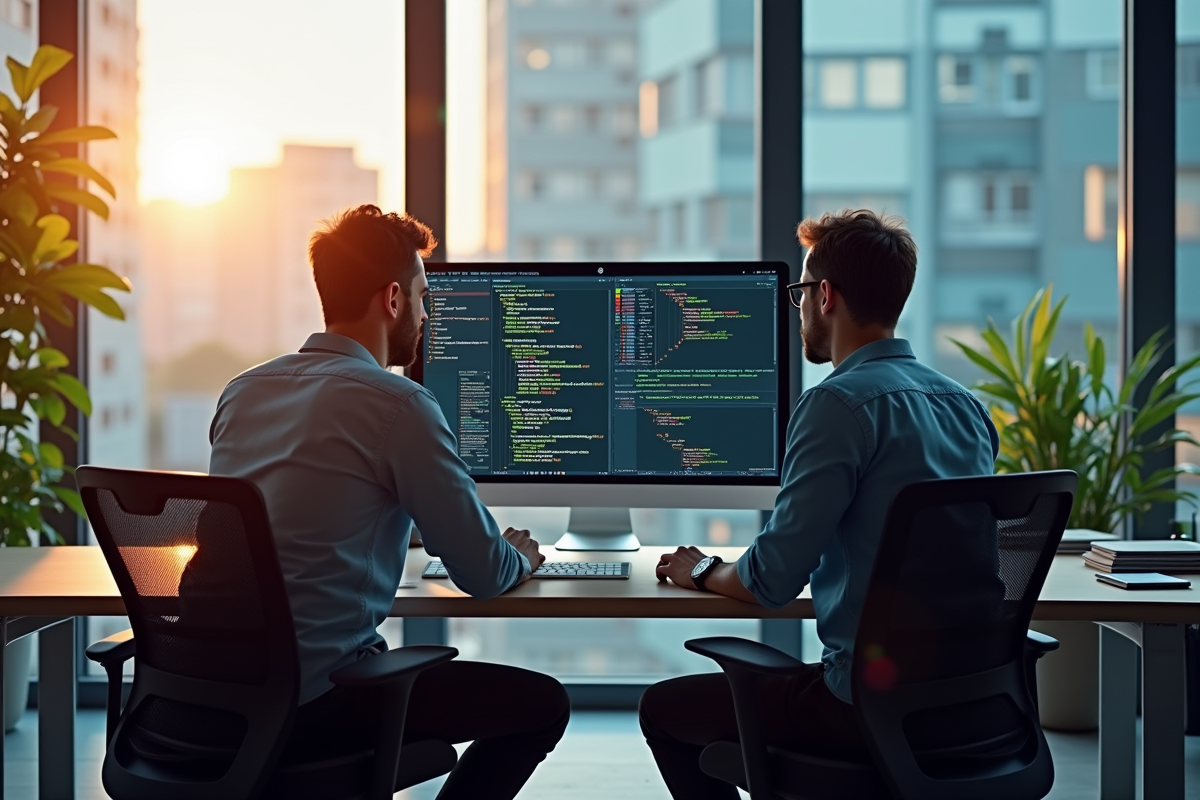 Deux développeurs discutant code devant un grand écran lumineux