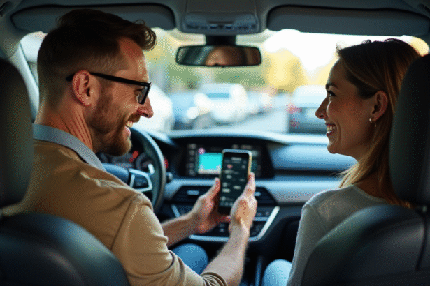 Homme et femme discutent dans une voiture moderne avec application de covoiturage