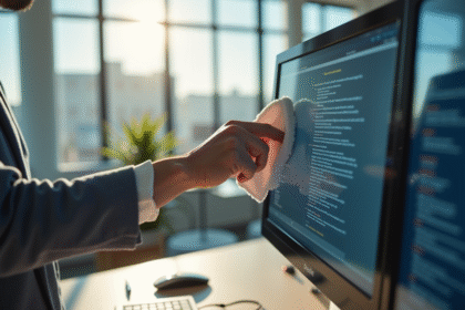 Personne effaçant du texte sur un écran d'ordinateur avec un chiffon ensoleillé