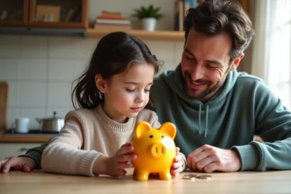 Fille et père regardant une tirelire colorée dans la cuisine