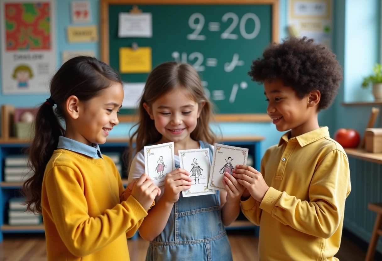 Trois enfants échangeant des billets en classe