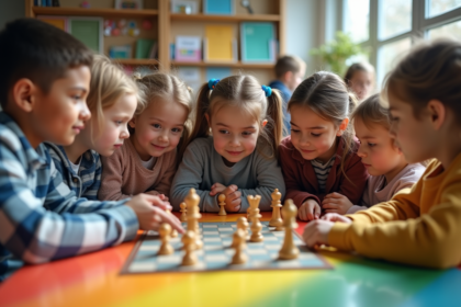 Groupe d'enfants jouant à un jeu de société en classe