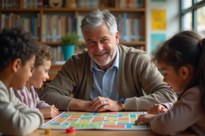 Enseignant guidant enfants autour d'un jeu de société en classe