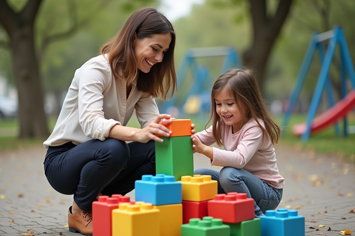 Enseignante aidant une fille à construire avec des blocs dehors